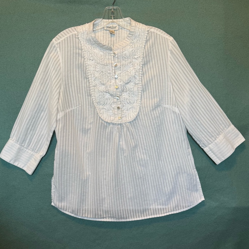 Coldwater Creek White Striped Blouse Tunic Bib Top Large 3/4 Sleeve Cottagecore